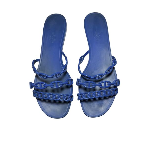 HERMES Rivage Chaine D'Ancre Blue Rubber Slides Flats Sandals Size 41 - Picture 1 of 9